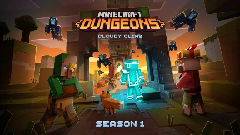 Cover art for "Season One: Cloudy Climb," DLC for the game "Minecraft Dungeons."